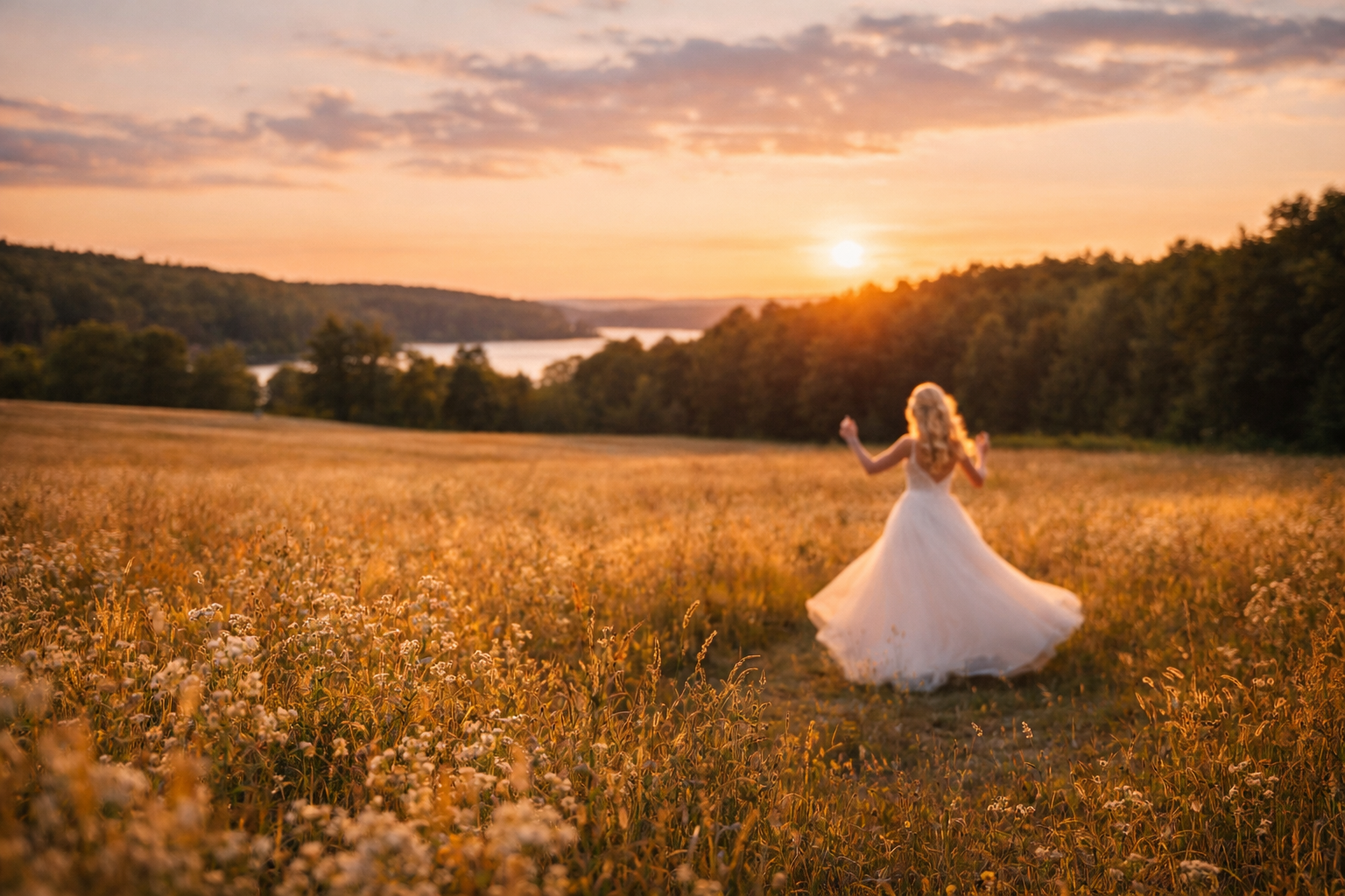 married woman in wedding dress field