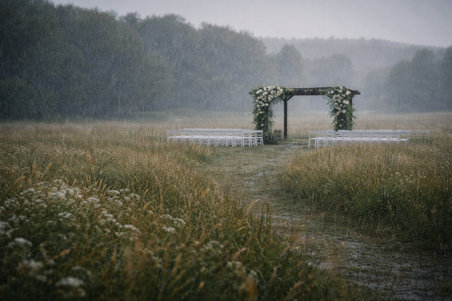 wedding empty in field rain