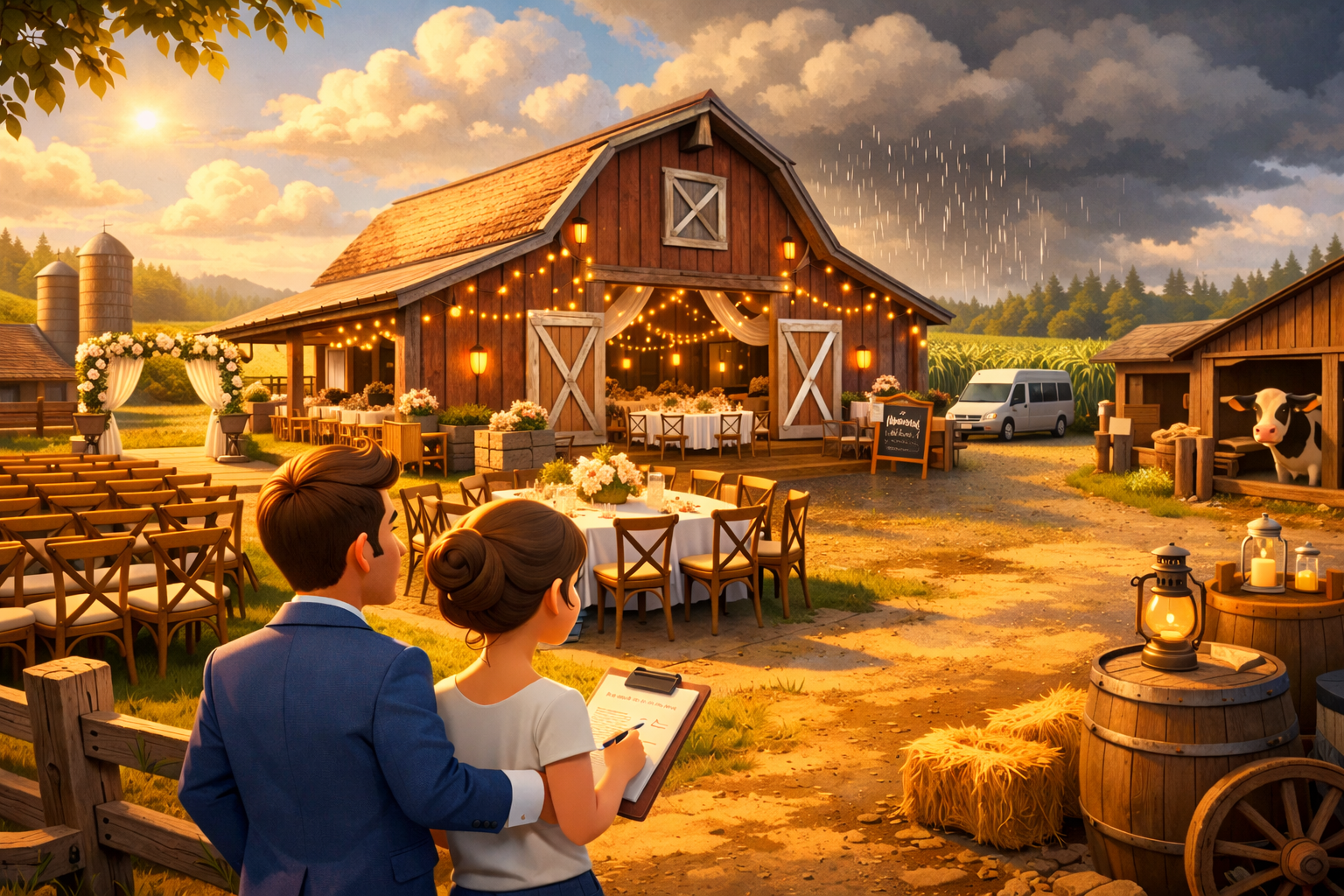 barn wedding couple