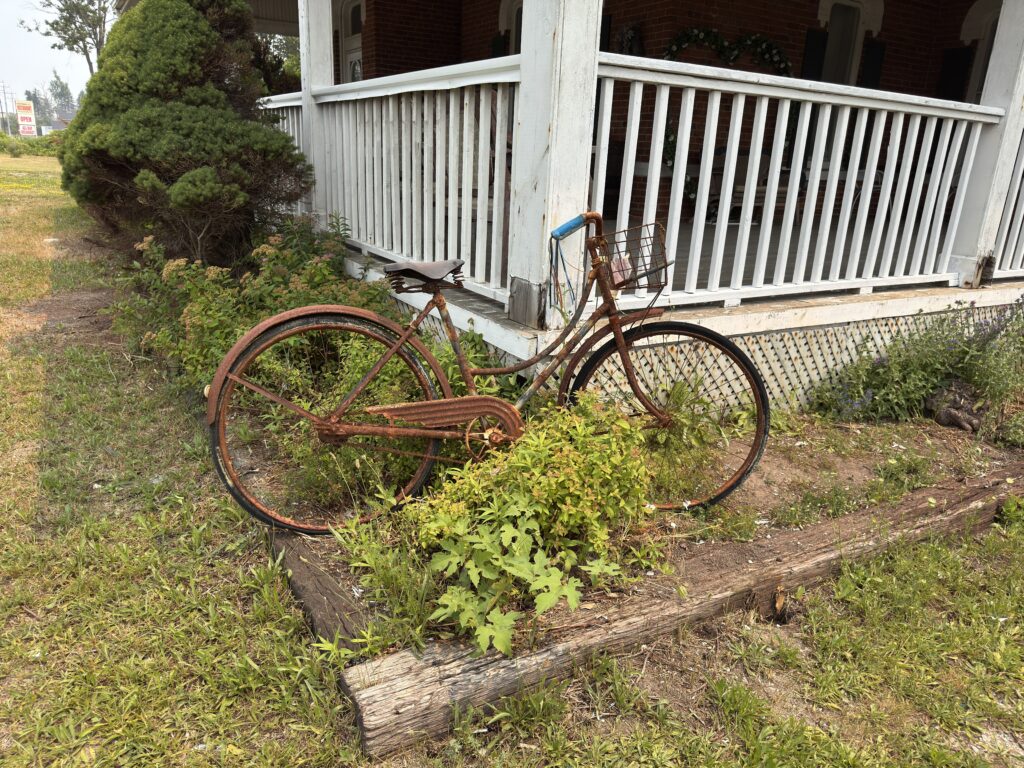 Decorative bicycle against the brick wall at The Lovely Teahouse