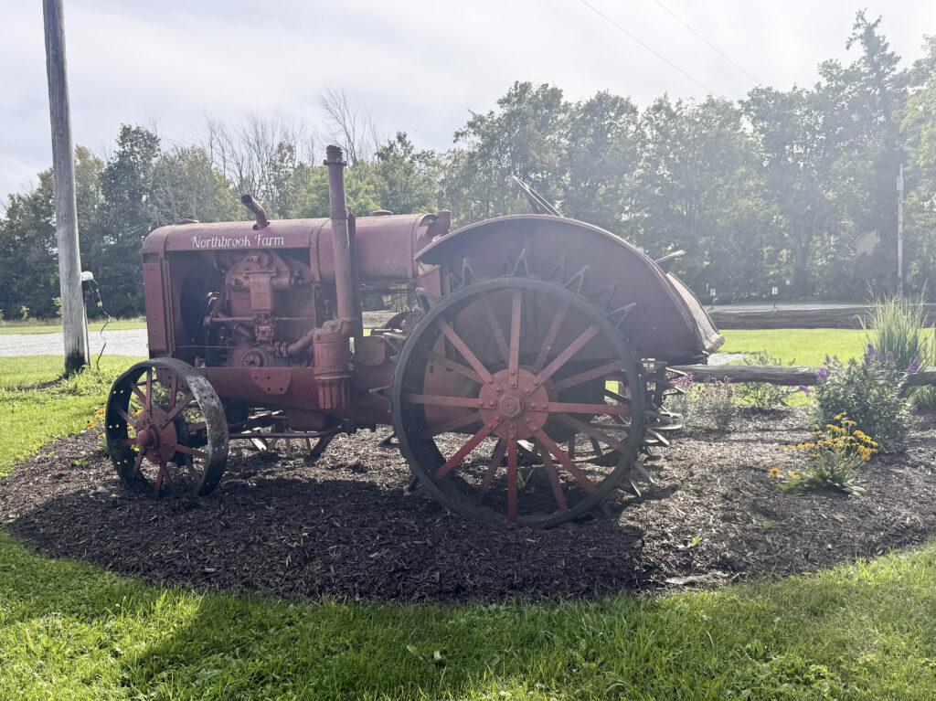 Vintage red tractor on the lawn at Northbrook Farm, a rustic photo backdrop