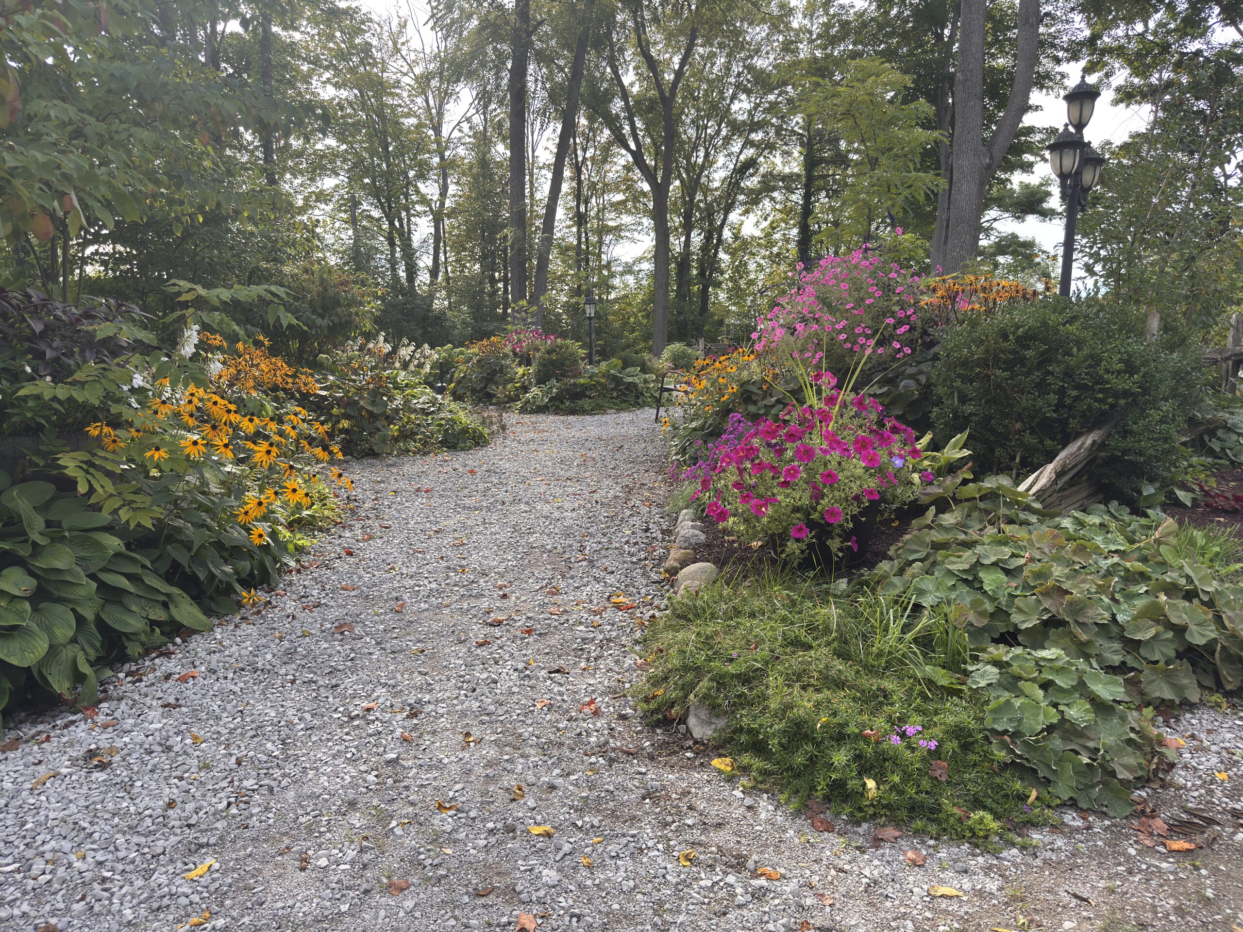 Gravel garden path lined with perennial flowers, leading past a lit double lamppost at Northbrook Farm near Orillia, Ontario
