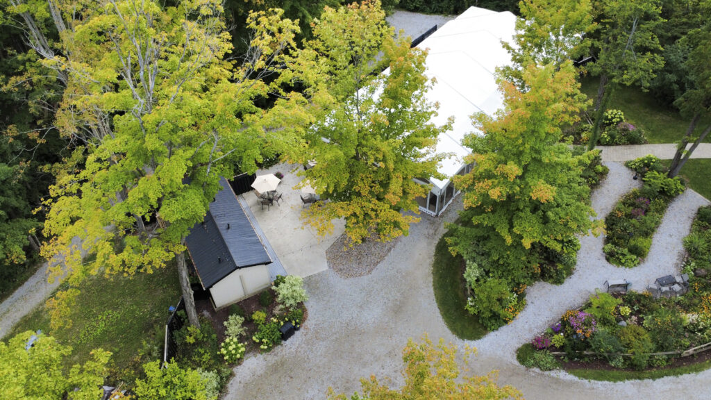 Aerial view of the Northbrook Farm wedding venue grounds, gardens and gravel courtyard