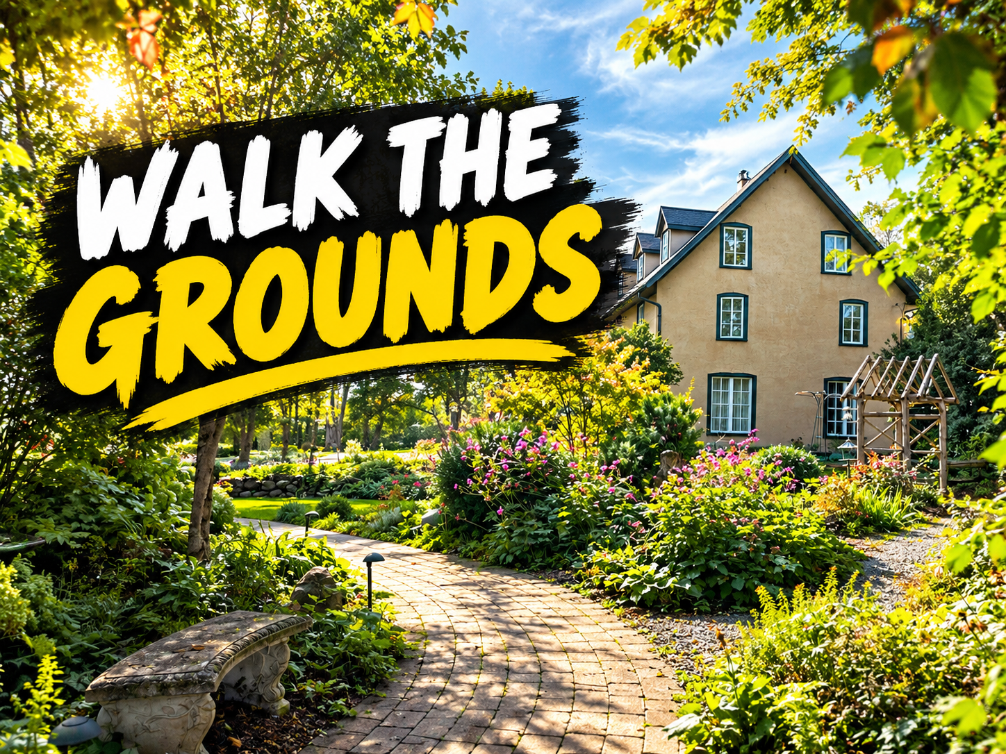 Walk the grounds at Northbrook Farm wedding venue: stone garden path under a wooden pergola